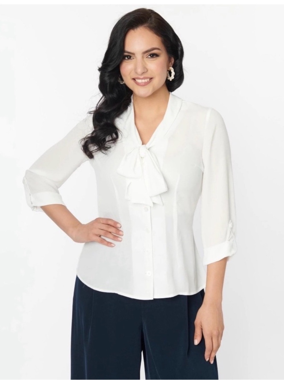 NWT - Unique Vintage White Bow Olivia Blouse - Size XL